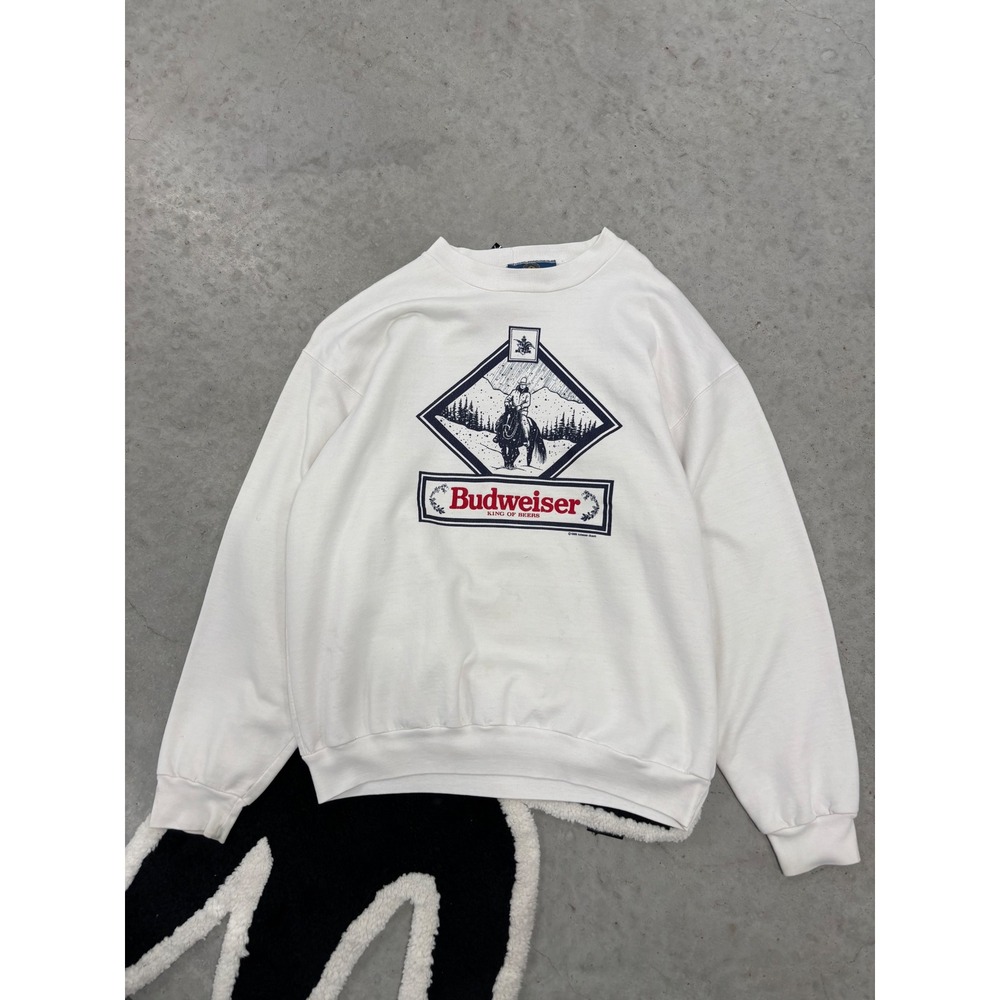 Vintage 1989 Budweiser King of Beers Sweatshirt White Cowboy Graphic XL Select